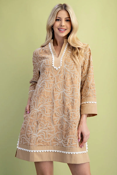 Embroidered Tan Notch Neck Dress