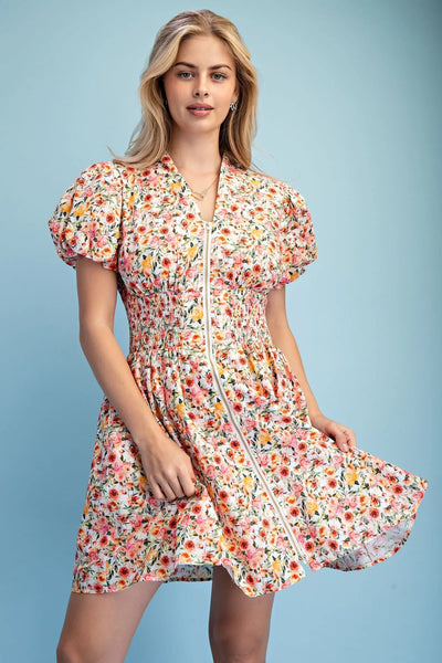 Rose Print Puff Sleeve Mini Dress