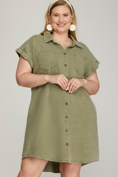PLUS - FOLDED CUFF BUTTON DOWN WASHED DRESS