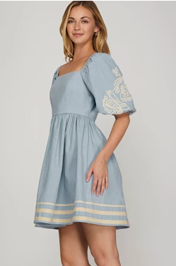 EMBROIDERED PUFF SLEEVE TWILL DRESS