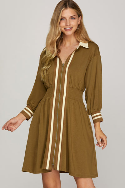 MOCHA 3/4 SLEEVE FRONT ZIPPER KNIT DRESS