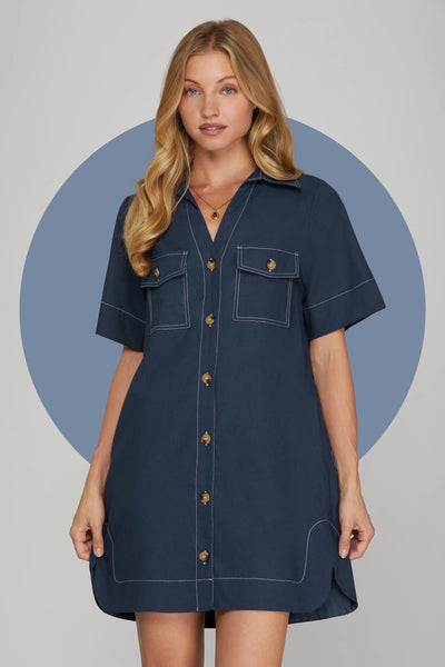 NAVY SHORT SLEEVE BUTTON DOWN SHIRTS MINI