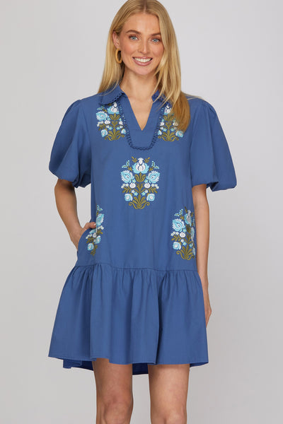 BLUE HALF SLEEVE V NECK COLLAR EMBROIDERED