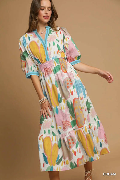 Abstract Floral Midi Dress with Puff Sleeves