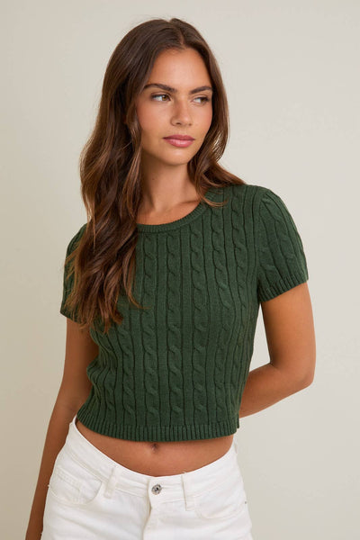SHORT SLEEVE CABLE SWEATER TOP