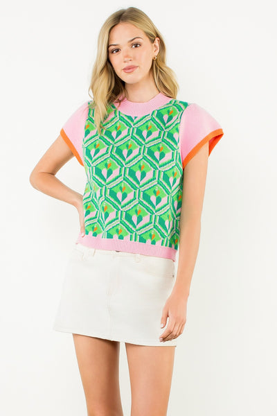 Pattern Knit Cap Sleeve Top