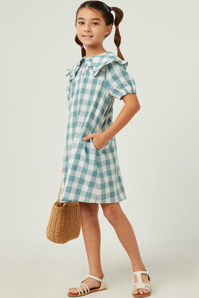 Girls Ruffled Bib Collar Checkered Dress