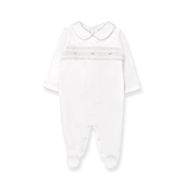 Hand Smocked Pima Playsuit, White & Pink