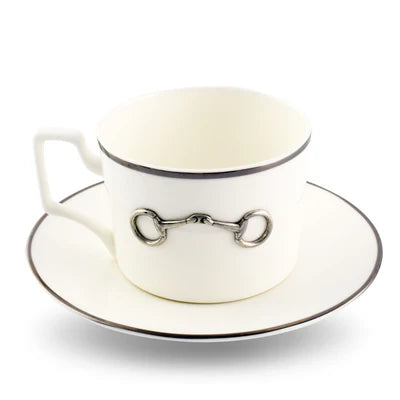 Pewter Bit Bone China Cup and Saucer Platinum Rim
