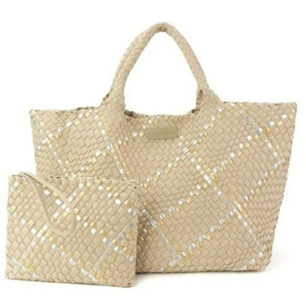 Oversized Woven Tote in Beige Metallic