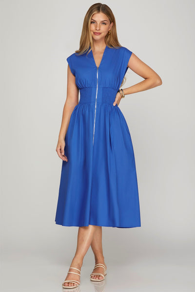 DROP SHOULDER SMOCKED WAIST MIDI DRESS