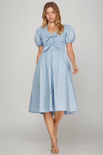 SHORT PUFF SLEEVE SMOCKED FRONT BOW TIE MIDI DRESS