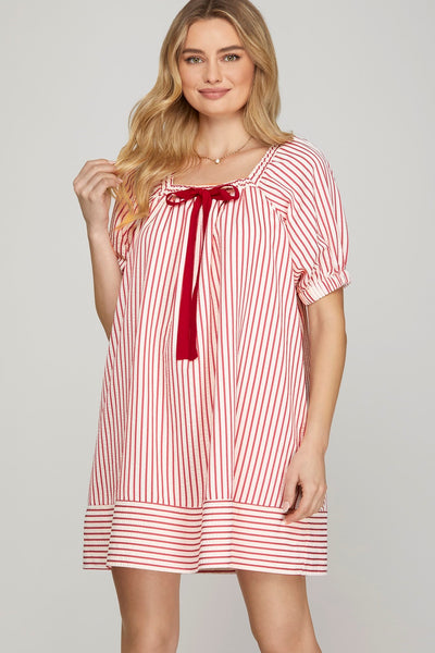 HALF SLEEVE WOVEN STRIPED MINI DRESS