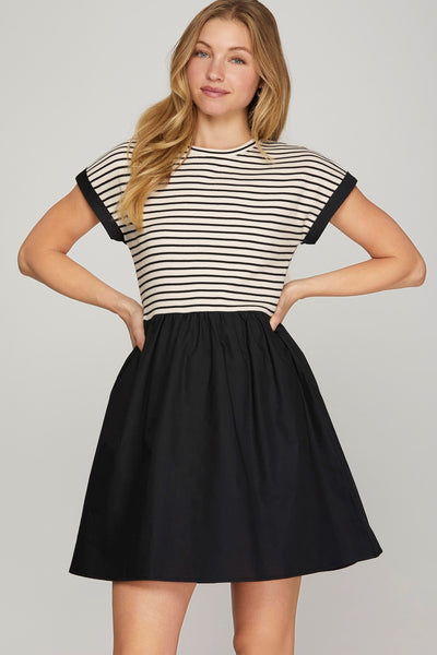 CAP SLEEVE STRIPED KNIT TOP AND WOVEN SKIRT DRESS