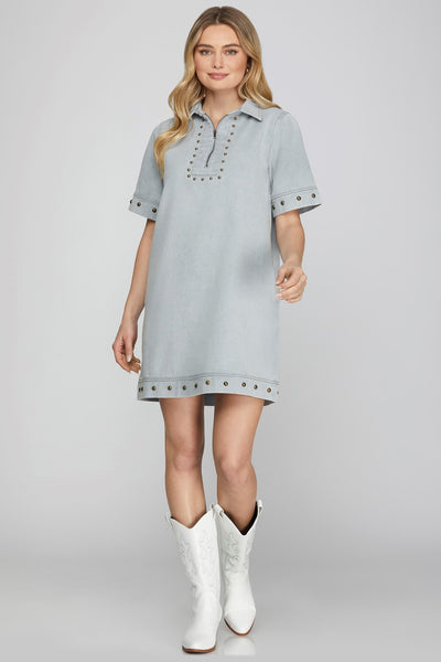 SHORT SLEEVE 1/2 ZIP STUDED WASHED MINI DRESS