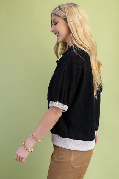 Textured Half Zip Mock Neck Top