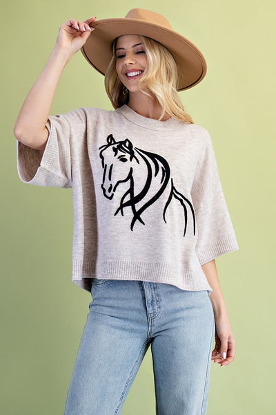 Western Horse Motif Sweater with Elbow Length Sleeves