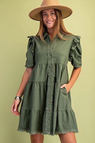 Olive Linen Button Up Shirt Dress