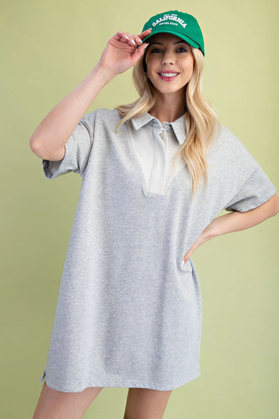 Mixed Grey Jersey Polo Style Mini Dress