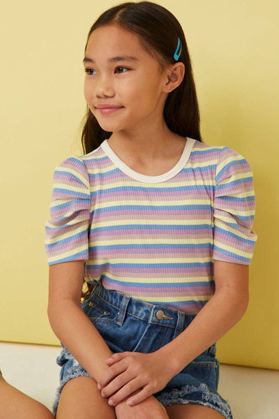 Girls Multi Color Stripe Ribbed Knit Puff Shoulder Top