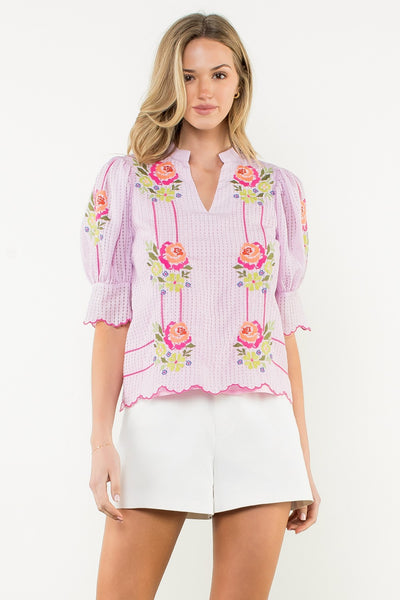 Flower Embroidered Stripe Top
