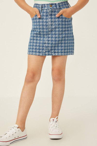 Girls Houndstooth Print Denim Skirt