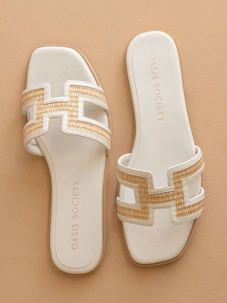 The Ena | White H Cutout Raffia Slide - Little Jill & Co.