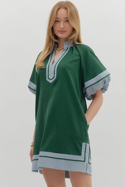 Solid contrast lantern sleeves mini dress
