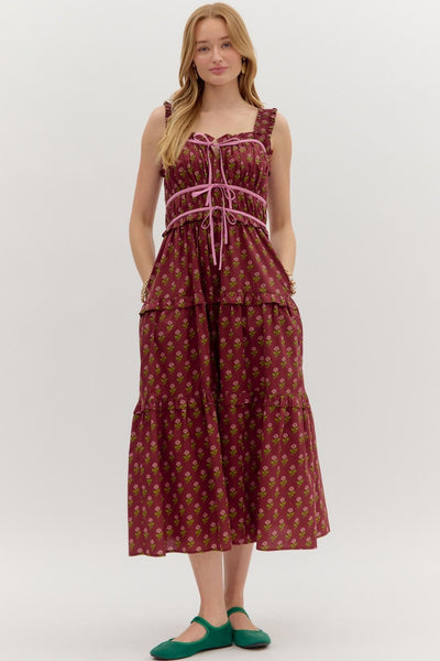 Burgundy Floral Print Pullover Tiered Midi Dress