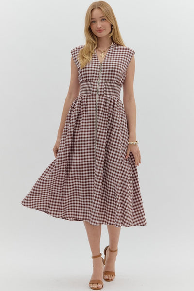 Gingham pattern V-neck sleeveless midi dress