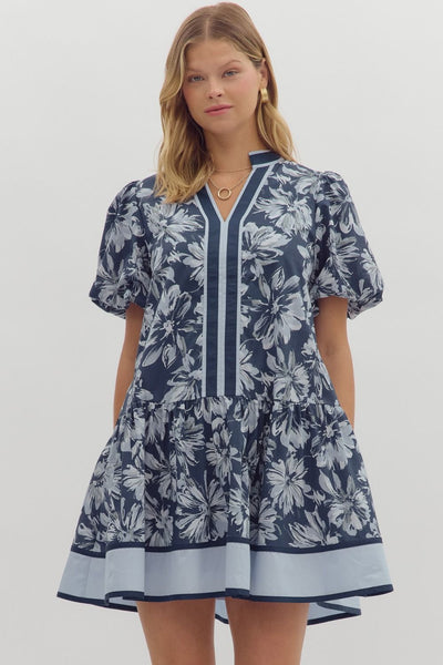 Navy Floral Print Short Bubble Sleeve