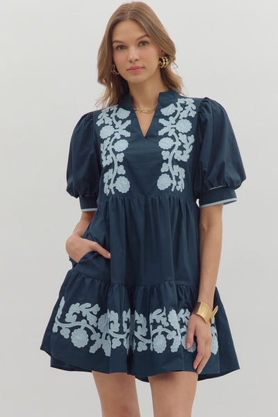 Solid short puff sleeve tiered mini dress