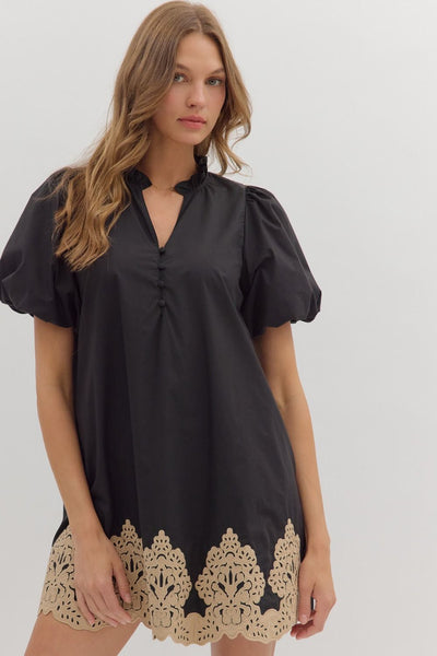 Solid short puff sleeve mini dress