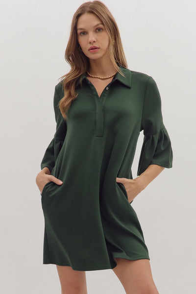 Hunter Green Collared 3/4 Sleeve Mini