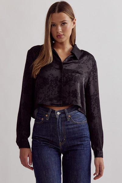 Satin floral jacquard collared button up