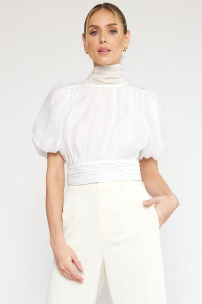 Satin high-neck puff sleeve crop top