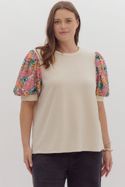 Sequined Solid Short Puff Sleeve
