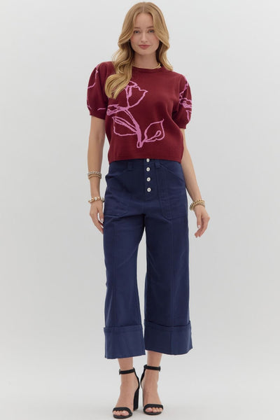 Floral motif short puff sleeve sweater