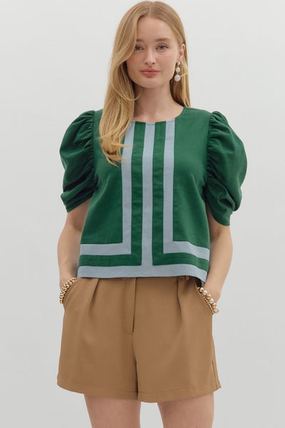 Solid elbow-length draped sleeve top