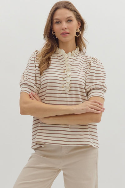 Stripe pattern short puff sleeve top