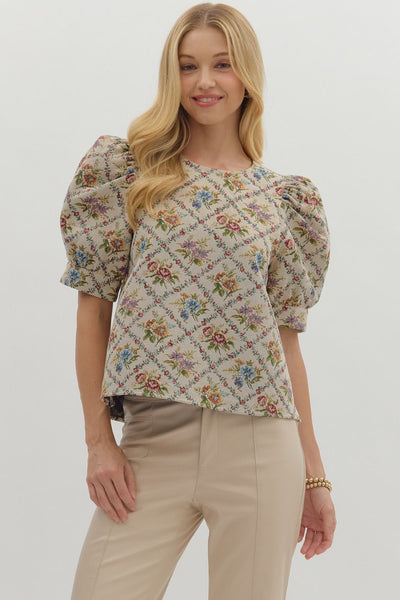 Botanical jacquard puff short sleeve top