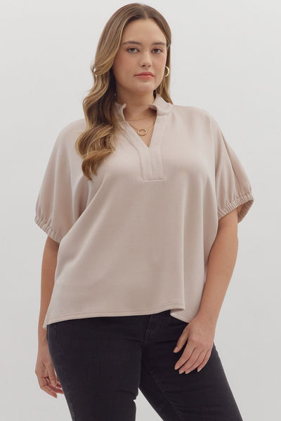Almond Solid Short Sleeve Top Split V-neck