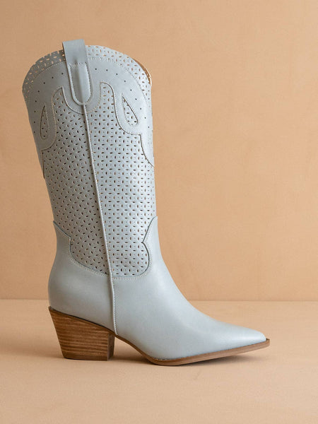 The Gabby | Blue Perforated Western Boot - Little Jill & Co.