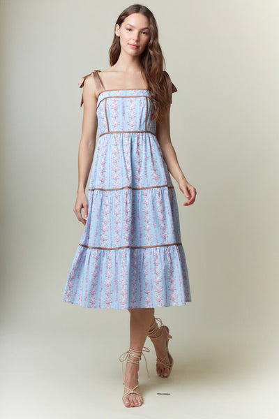 Contrast Shoulder Tie with Binding Detail Floral Maxi