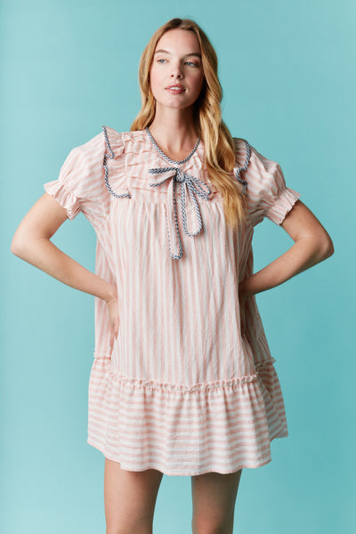 Stripe Pleated Yoke Puff Sleeve a Line Mini Dress