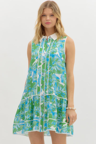 Floral print sleeveless mini dress Green Aqua