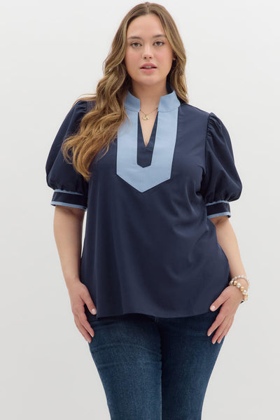 Solid cuff band short bubble sleeve pullover top