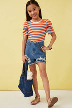 Girls Multi Color Stripe Ribbed Knit Puff Shoulder Top - Little Jill & Co.