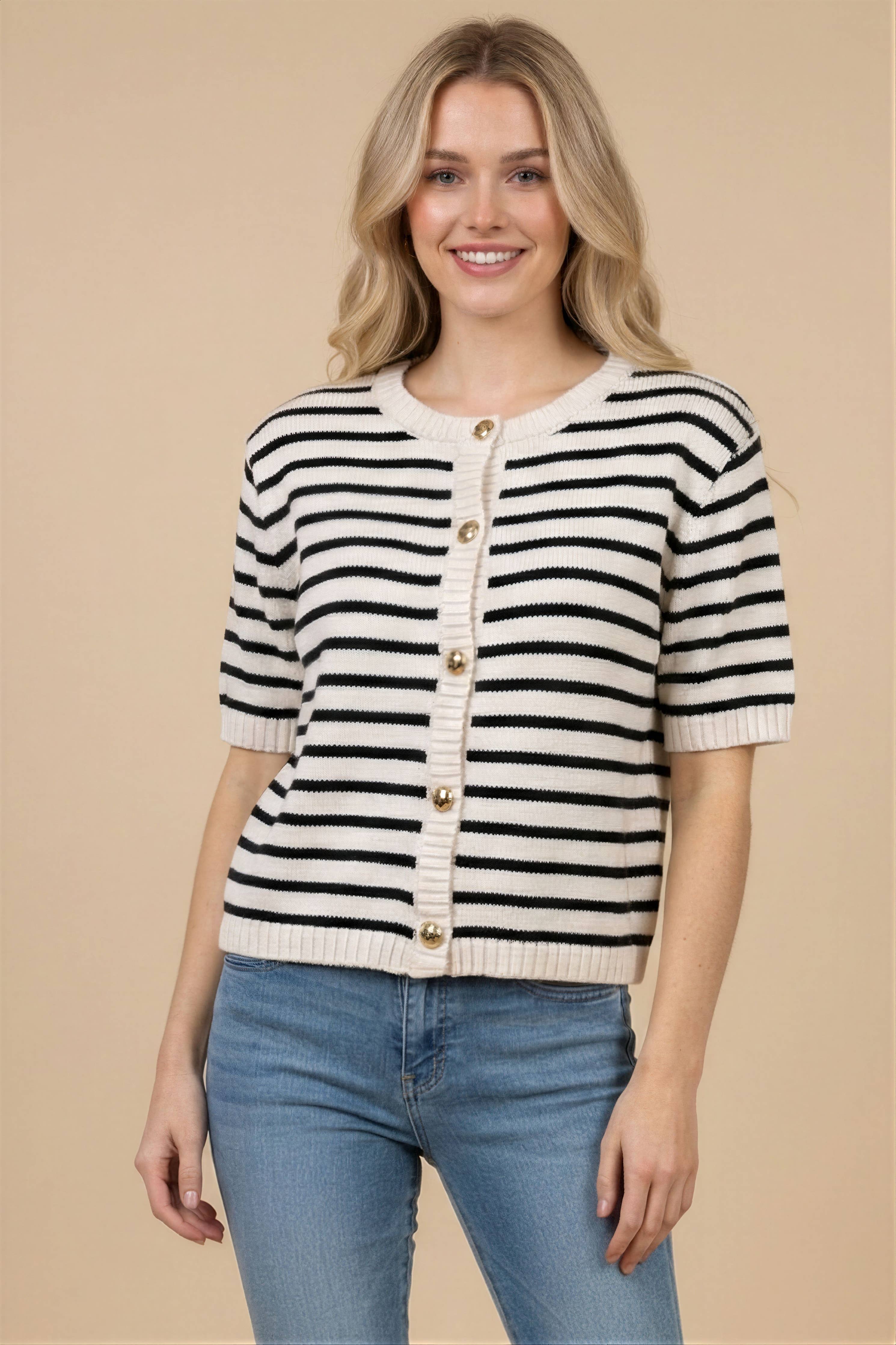STRIPE BUTTON FRONT KNIT TOP