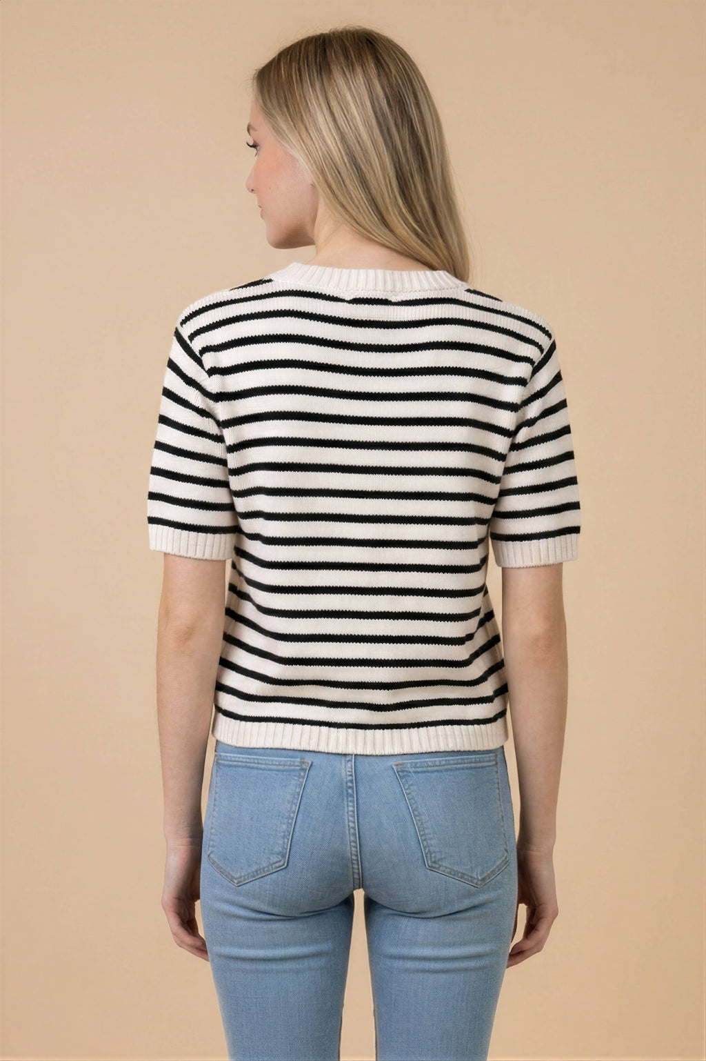 STRIPE BUTTON FRONT KNIT TOP